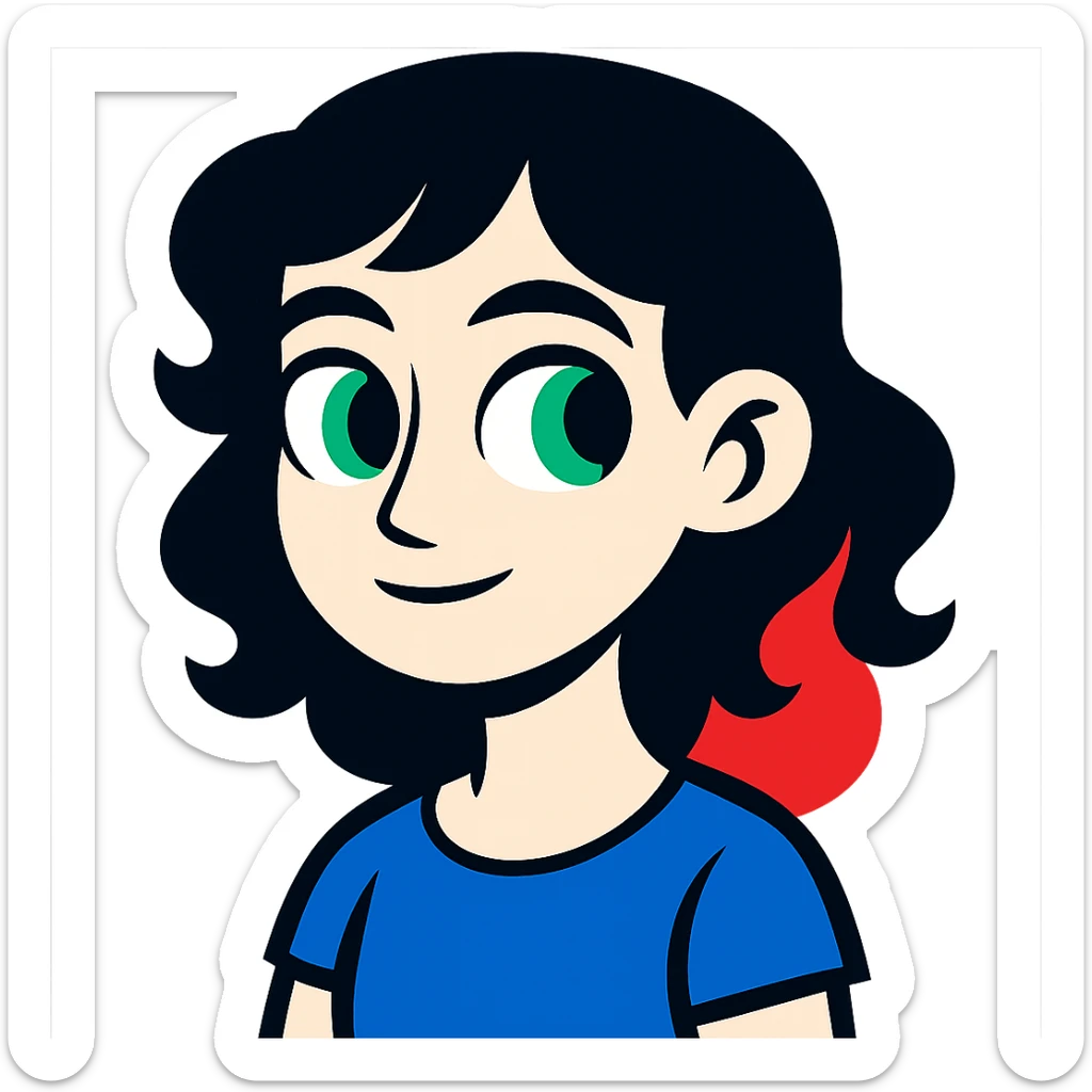 girl with green eyes, white skin, wavy black hair, red hair at the back of her neck sticker