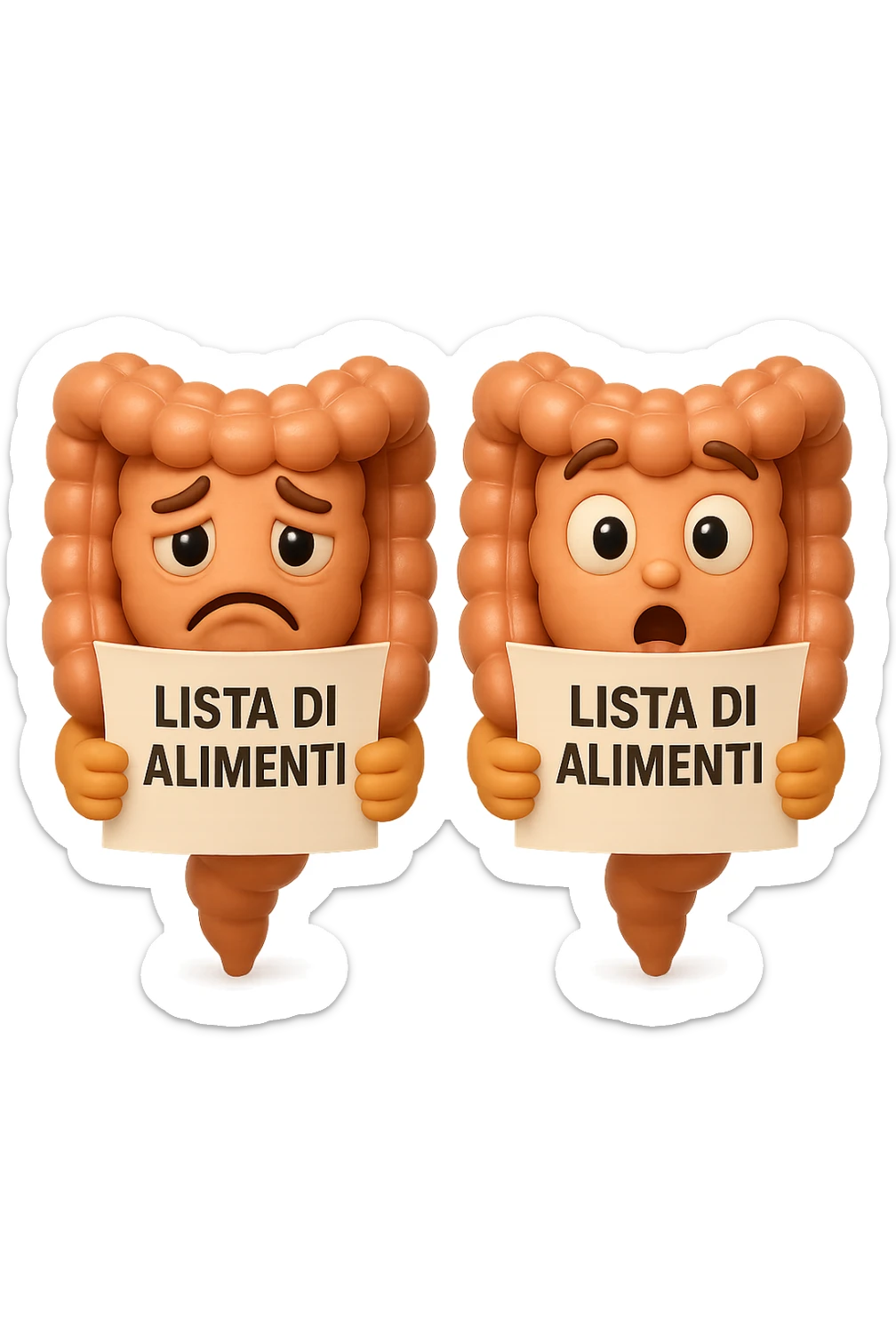 EMOJI STILE IPHONE DI UN INTESTINO CHE LEGGE UN FOGLIO CON LA SCRITTA "lista di alimenti" ed espressione triste in volto, ESPRESSIONE STUPITA IN VOLTO, IPERREALISTICO 4K sticker
