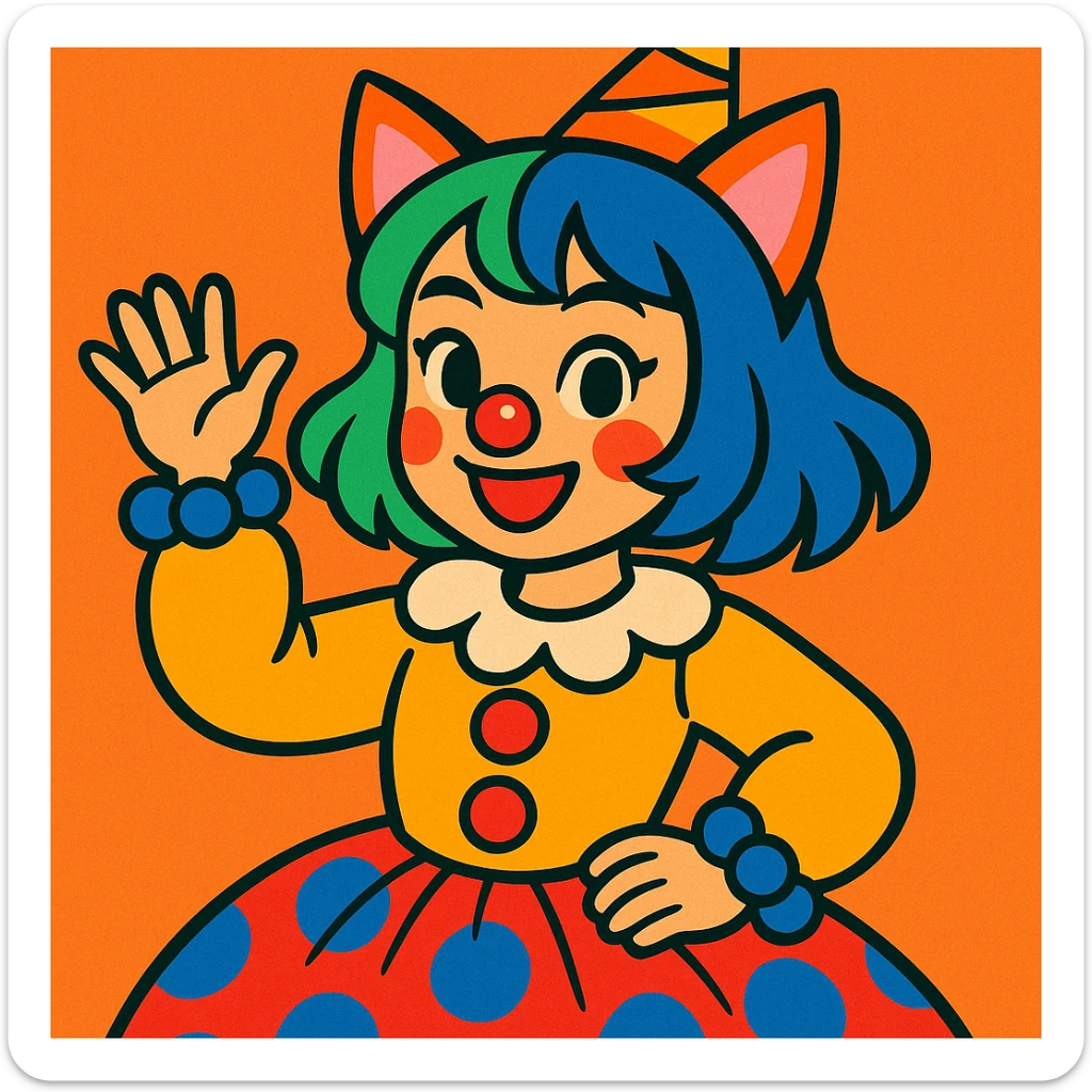 asian girl with cat ears, dressed like a clown, green and blue colored hair, vibrant cartoon style sticker