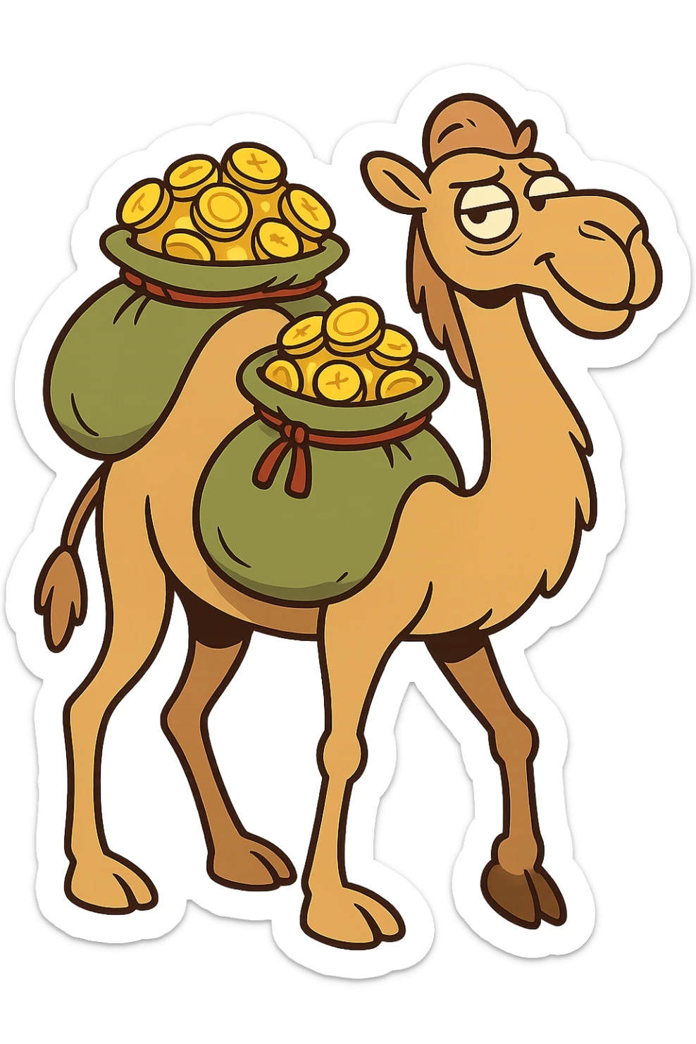 cartoon camel carrying bags of gold coins, flat modern style, bright saturated colors golds greens reds, minimal but expressive, universal look sticker