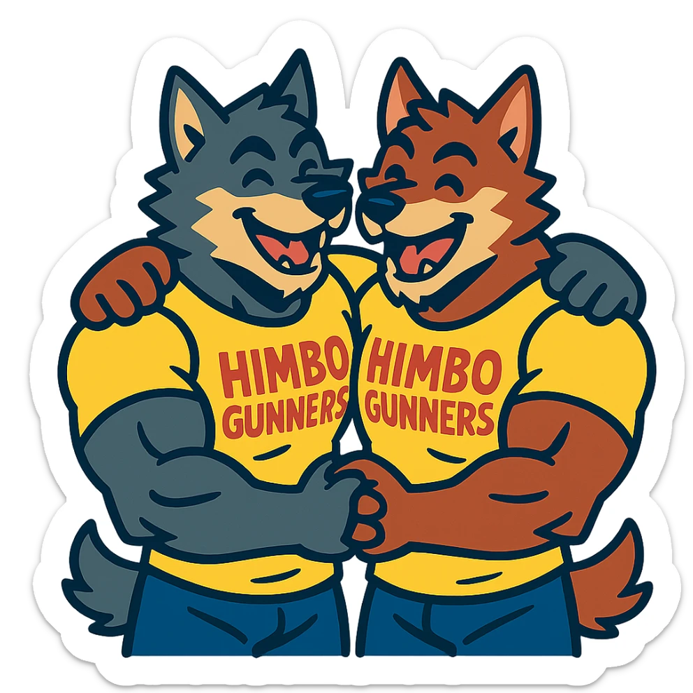 pair of muscular wolf furries wearing 'Himbo gunners' t-shirts, hugging, cheerful and energetic vibe sticker