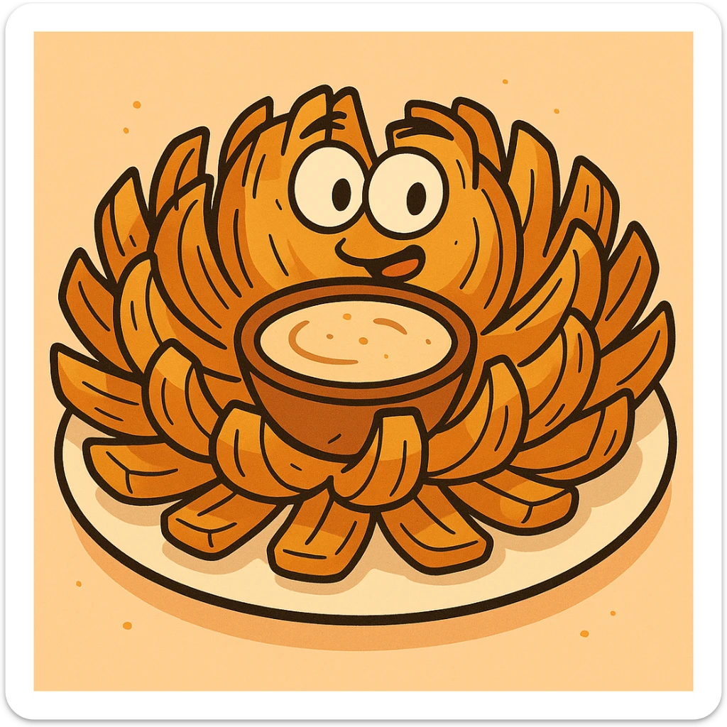 cartoon close-up of a blooming onion appetizer, golden fried petals fanned out on a plate, small bowl of creamy dipping sauce in the center, bright and fun sticker