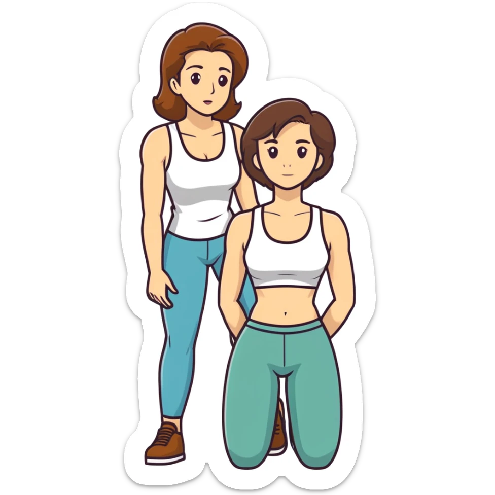  One Caucasian woman with brown hair, big boobs, wearing pants and a tank top, kneeling on the ground. a bald man is behind her holding her hips sticker