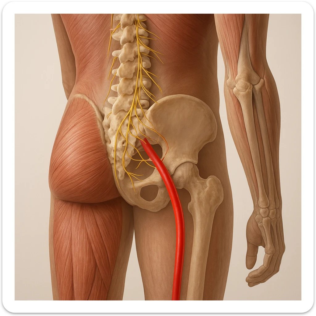 Close-up detail of the lumbar and gluteal area, sciatic nerve highlighted in red starting from the spine, visible muscles and bones, neutral background, 4K quality. sticker