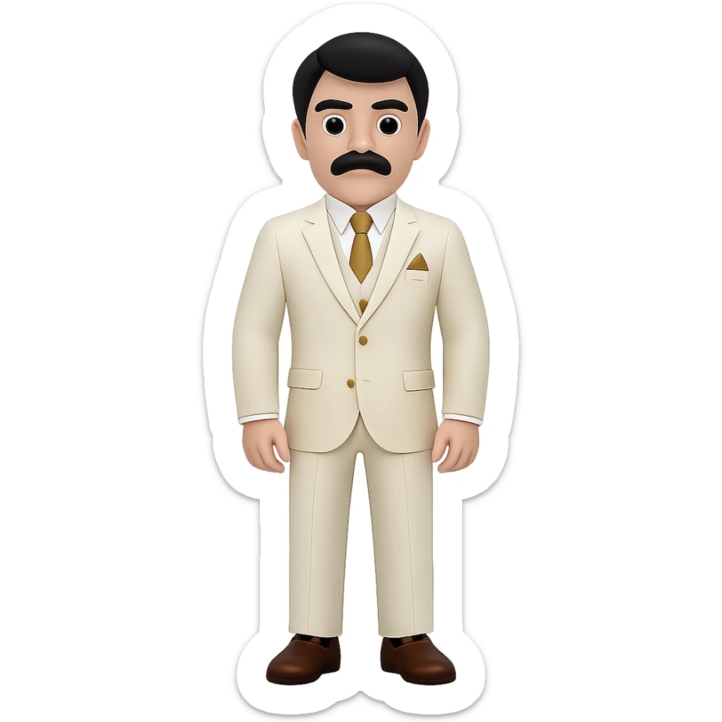 Make the man more manly with black hair and a mustache, full body. The style should resemble emoji style with a transparent background. sticker