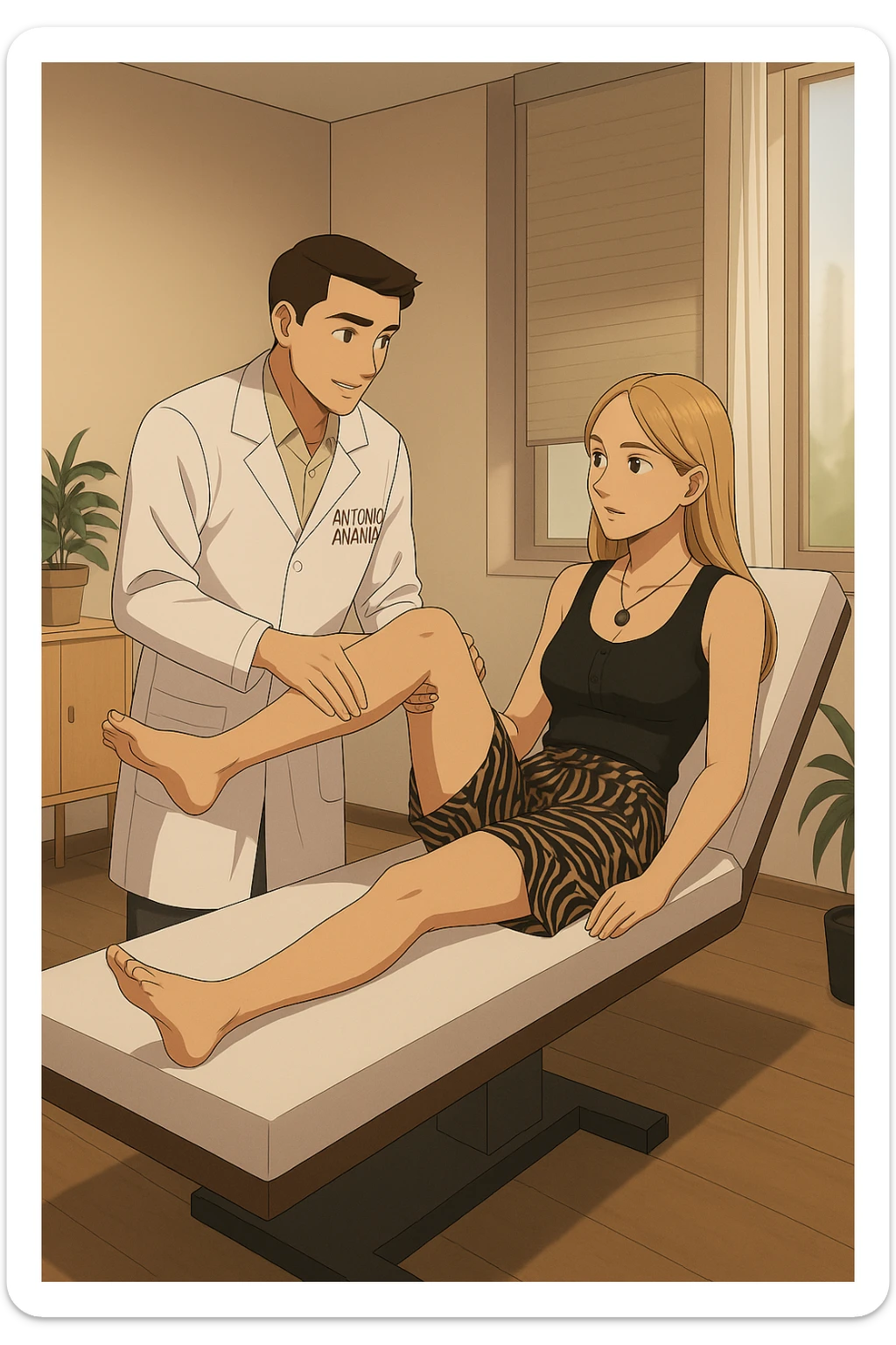 fai un webtoon/manga a colori con questo kinesiologo in camice bianco (fagli la scritta "ANTONIO ANANIA" SUL CAMICE) CHE SVOLGE UN TEST NEUROMUSCOLARE SOLLEVANDO UNA GAMBA ALLA RAGAZZA CHE è STESA SU UN LETTINO BIANCO. STANZA SEMPLICE E MODERNA, DURANTE IL TEST I DUE DIALOGANO TRA LORO. NON FARE I FUMETTI, FAI SOLO LORO COME SE DIALOGASSERO sticker