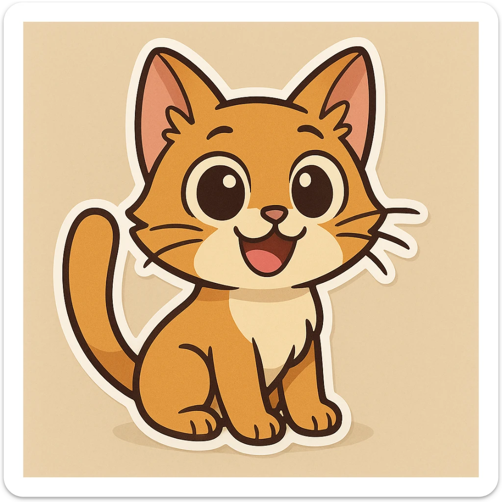 Make this cheerful dog-cat hybrid look more like a cat, with a feline nose, whiskers, and a long tail, keeping the bright eyes and joyful look in a fun cartoon style. sticker