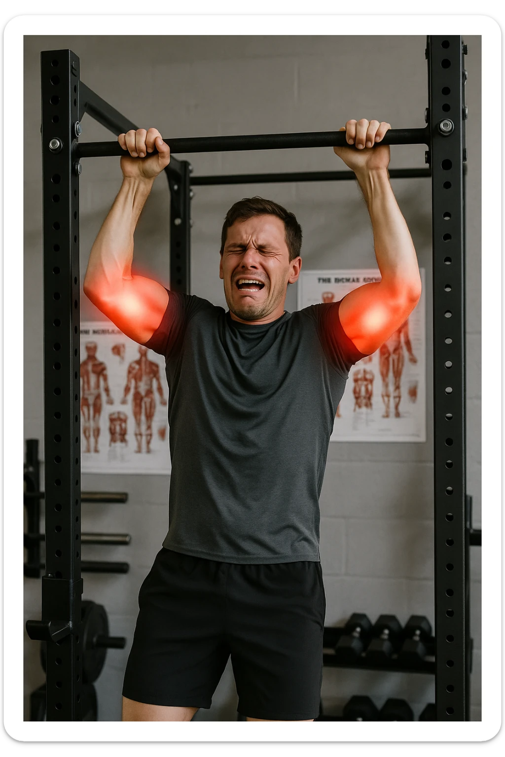 a man in athletic wear esegue una trazione alla sbarra in palestra. I suoi gomiti sono evidenziati con un alone rosso acceso o un effetto glow, indicando infiammazione. Un’espressione di dolore è visibile sul suo volto. Sullo sfondo, attrezzi da palestra e poster anatomici. L’atmosfera è educativa e realistica. sticker