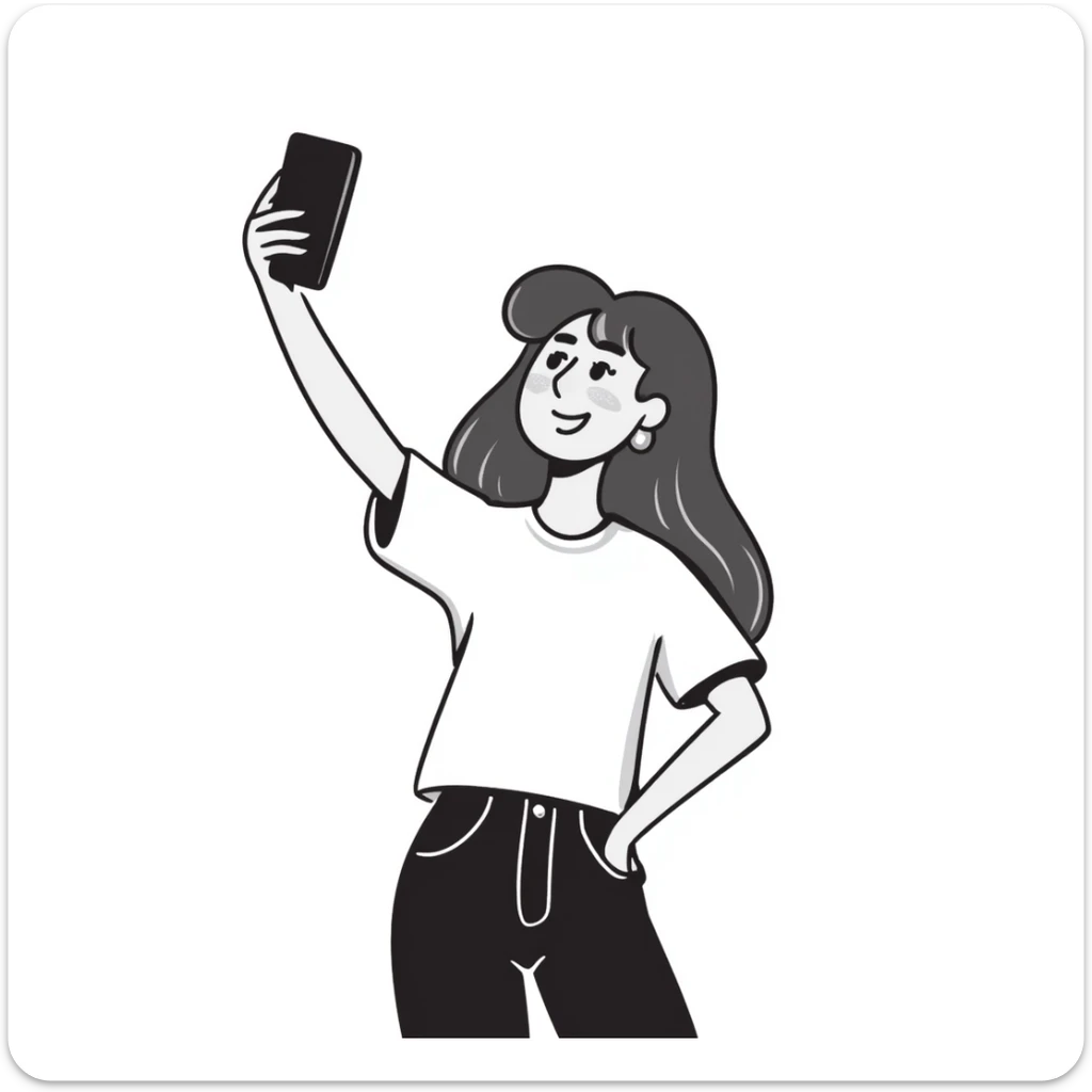 Young woman with long brown hair, casual style, taking a selfie, social media influencer sticker