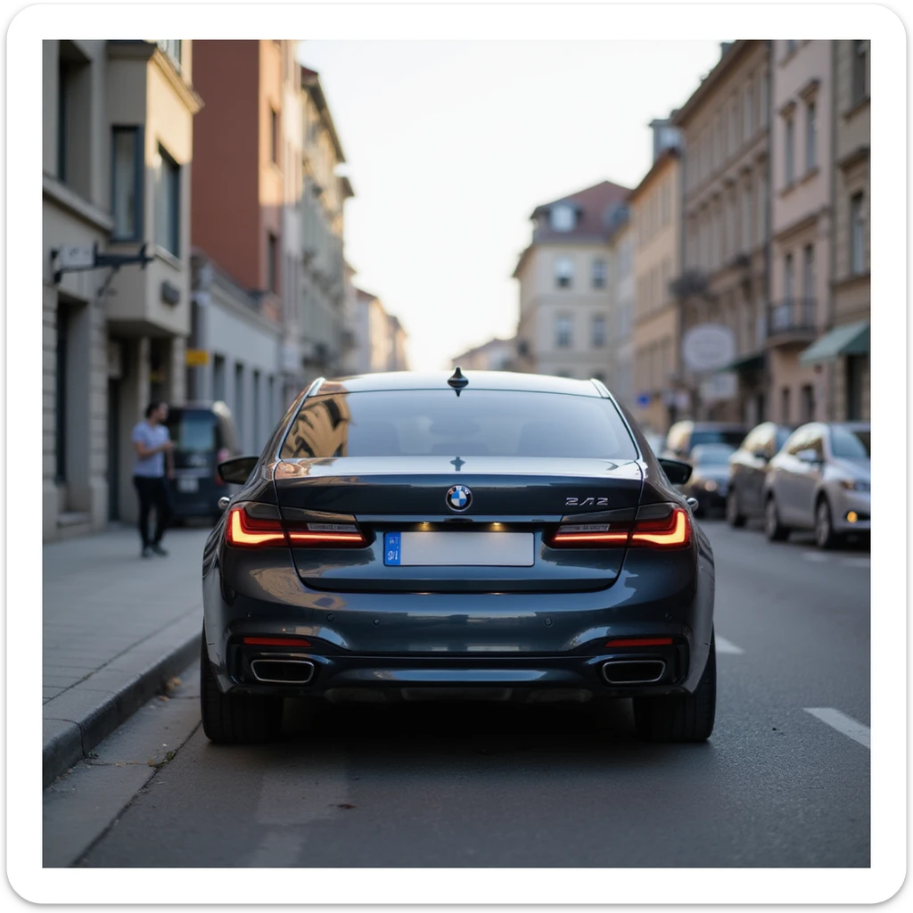 BMW Series 7 2022, rear view, photorealistic, parked on a street in Romania, realistic city background sticker