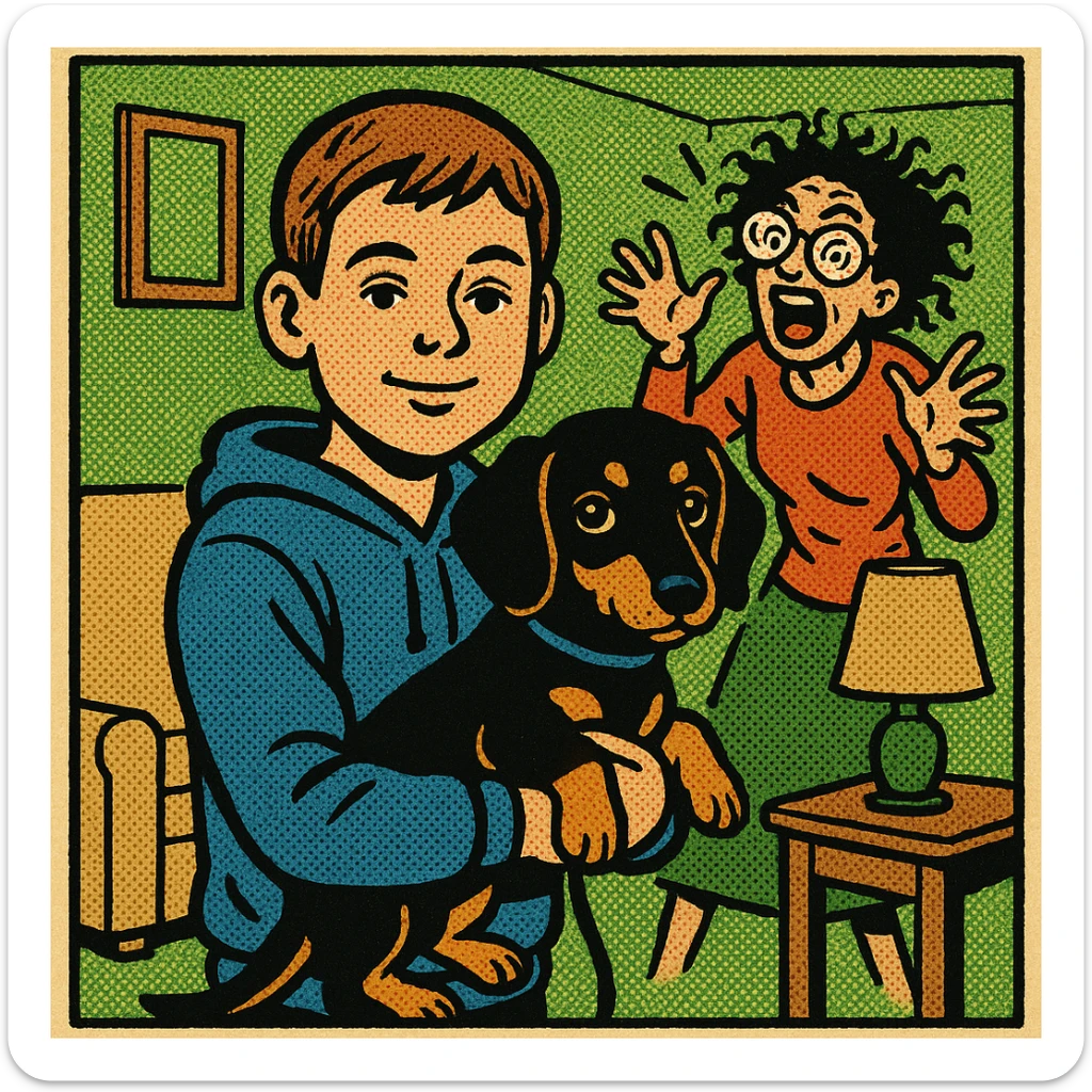 A modern day 10 year old wearing a blue hoodie with a black and tan puppy dachshund in a green living room with a crazy mum wearing big glasses in the background sticker