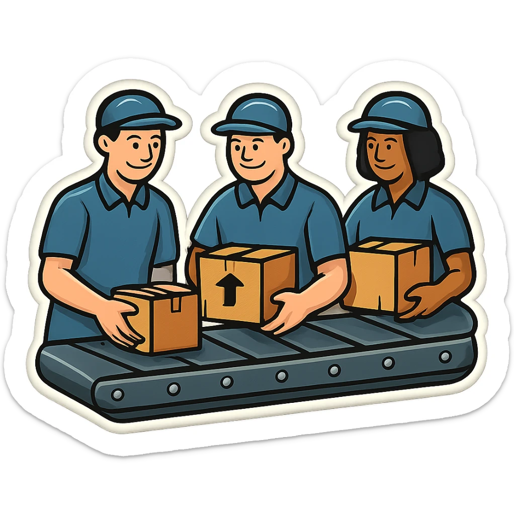 Картинка конвейерной ленты, по ней едут коробки, люди сортируют коробки в разные стороны, не обрезай края обводки sticker
