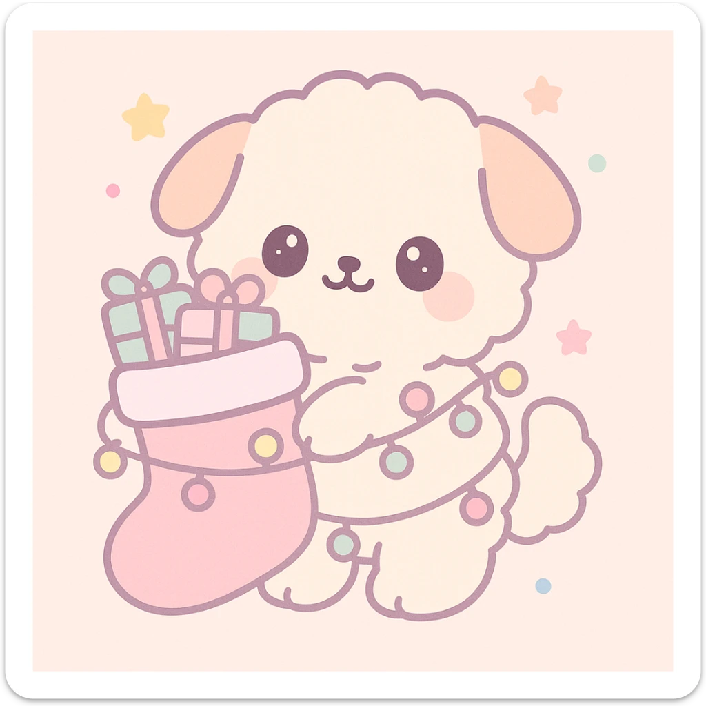 kawaii style fluffy puppy holding a Christmas stocking full of gifts, tangled in fairy lights sticker