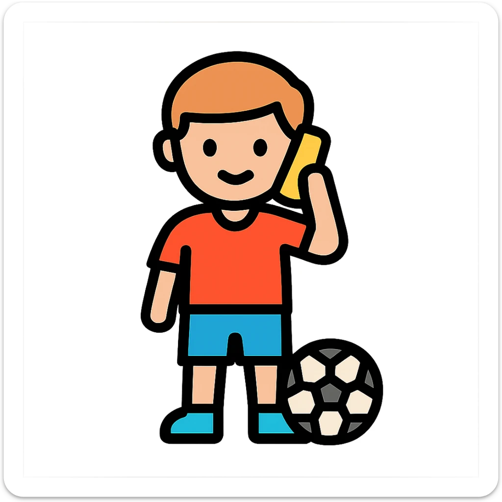 a boy on the phone with a football at his feet, playful, color outline style sticker