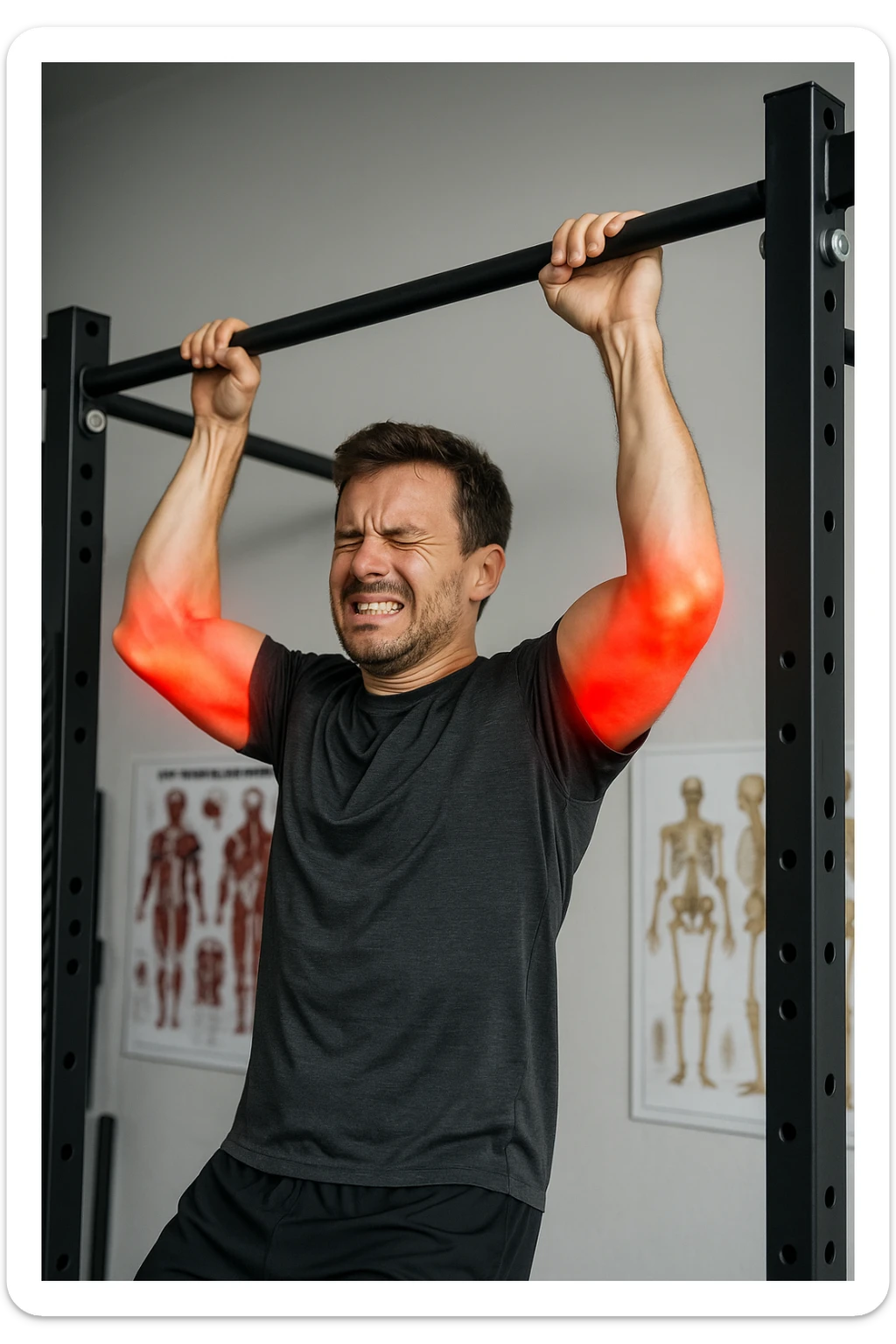 a man in athletic wear esegue una trazione alla sbarra in palestra. I suoi gomiti sono evidenziati con un alone rosso acceso o un effetto glow, indicando infiammazione. Un’espressione di dolore è visibile sul suo volto. Sullo sfondo, attrezzi da palestra e poster anatomici. L’atmosfera è educativa e realistica. sticker