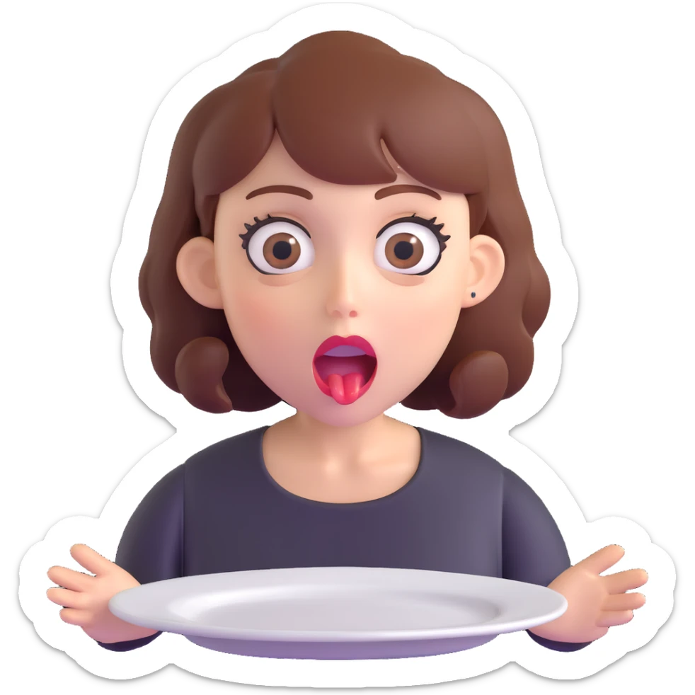 hungry woman with big eyes, open mouth, and empty plate in front of her sticker