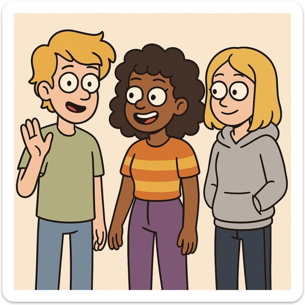 A boy dark yellow hair light green t-shirt white lightfo blue jeans girl brown skin black hair hairstyle curly hair yellow orange stripes top purple trousers girl yellow hair light grey hoodie dark blue jeans a hand hello  sticker
