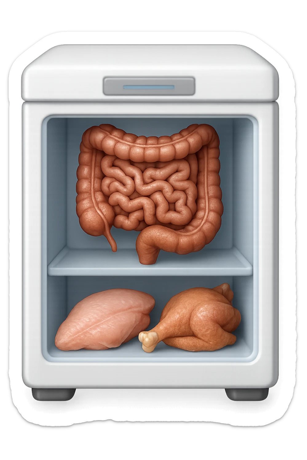 emoji stile iphone DI UN CONGELATORE CON INTESTINO realistico DENTRO INSIEME A PORZIONI DI POLLO E TACCHINO, iperrealistico 4k sticker