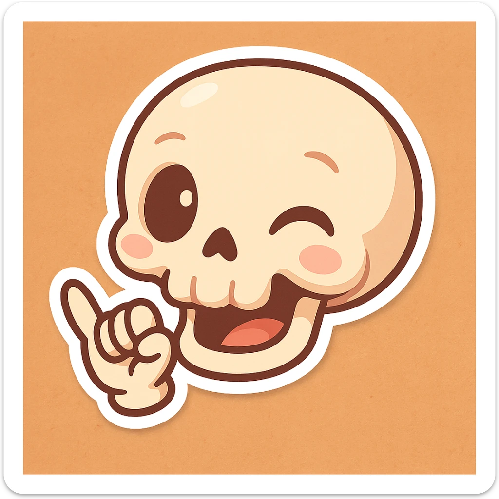 playful cartoon skull with a hang loose hand, cute and fun style sticker