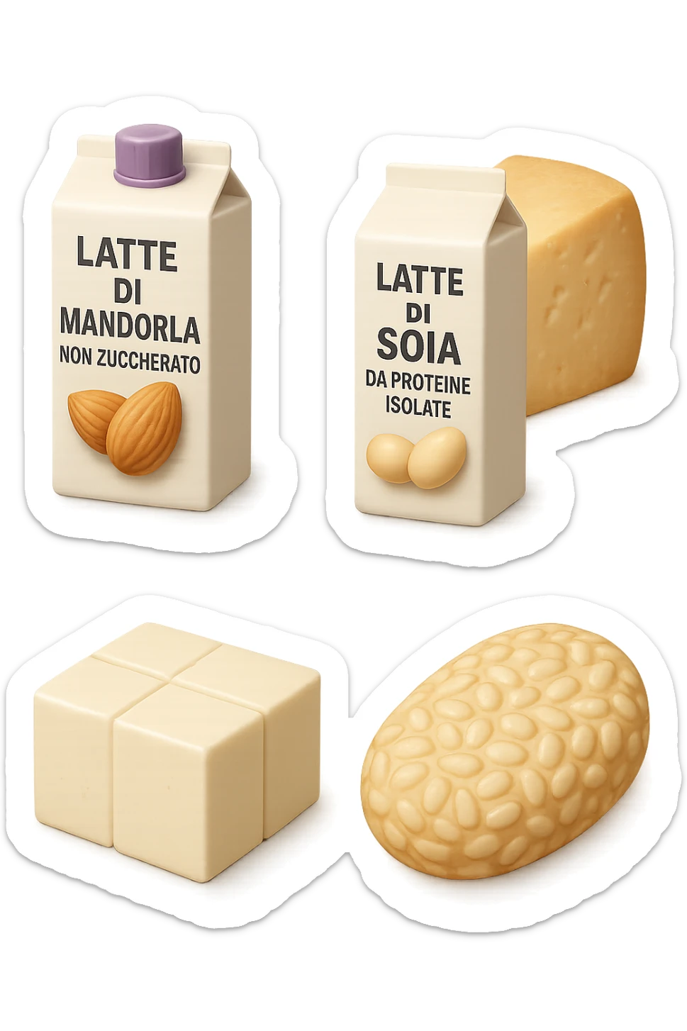 emoji stile iphone 3d di Latte e yogurt delattosati in italiano
Latte di mandorla (non zuccherato)
Latte di soia da proteine isolate
Formaggi stagionati (es. parmigiano)
Tofu compatto e tempeh
 che fluttuano in aria, iperealistico 4k sticker