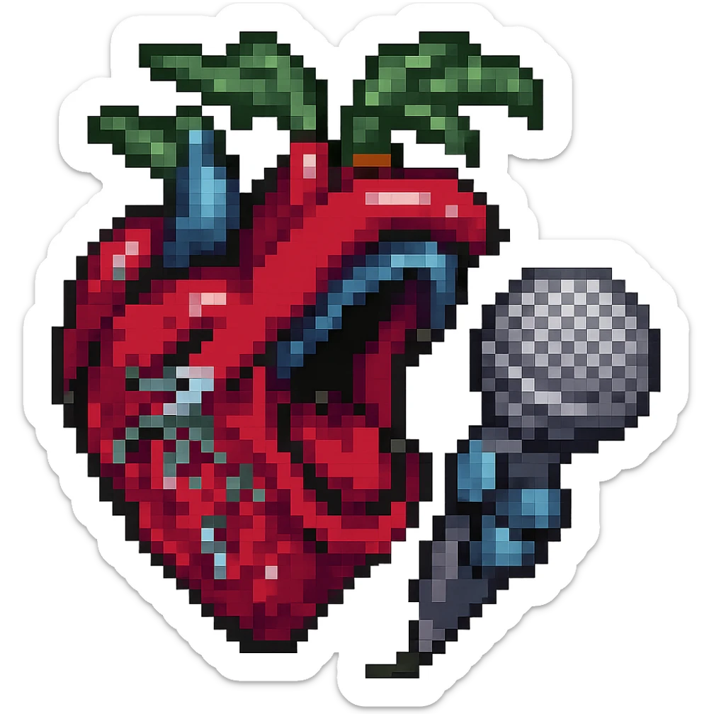 Add a microphone to the cartoonish anatomical heart with mouth open in pixel art style, keep the pixel art look and no background. sticker