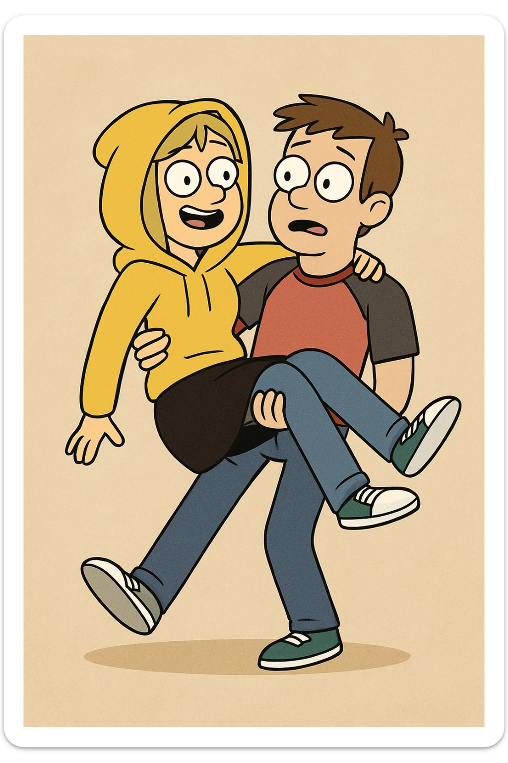 A man Raglan sleeves with Red t-shirts blue jeans white shoes carried by a cute a girl yellow hoodie black skirt green shoe  sticker