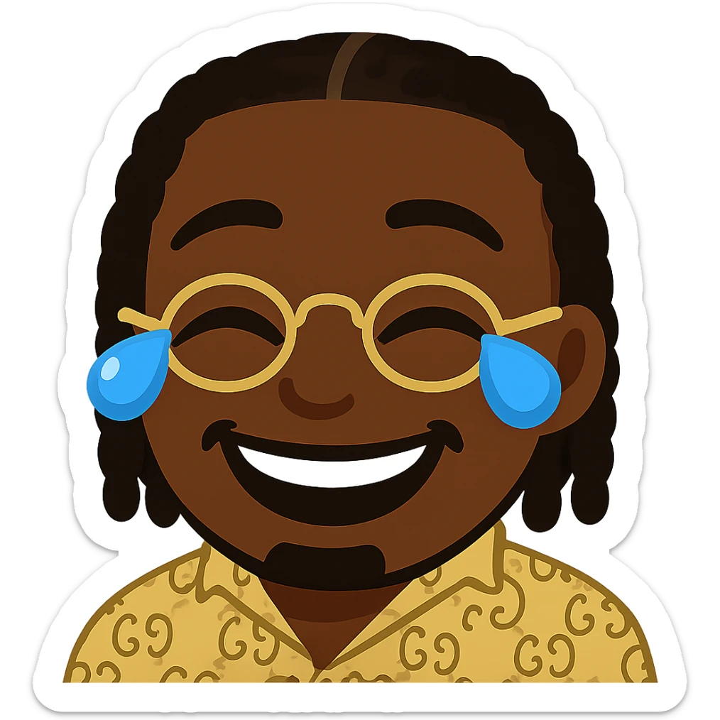 Create an emoji in the style of the provided image, a laughing face with tears of joy, keeping exactly the same dark skin tone, braided hair (same implantation, volume, and shape), golden glasses, patterned shirt, same teeth shape and natural smile as in the reference. Maintain the general emoji style with a transparent background. sticker