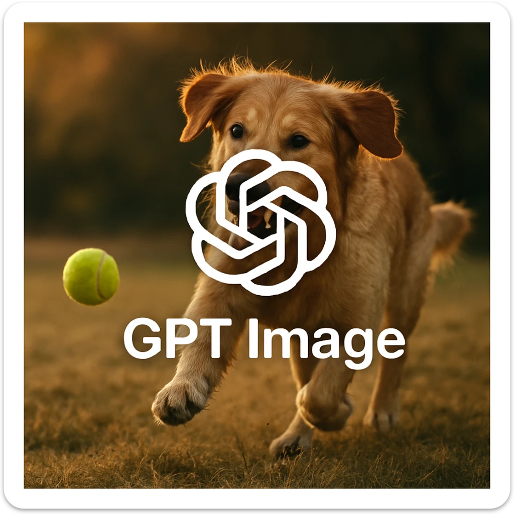 logo of chat gpt with text "GPT Image" on the background of a dog chasing ball, realistic image sticker