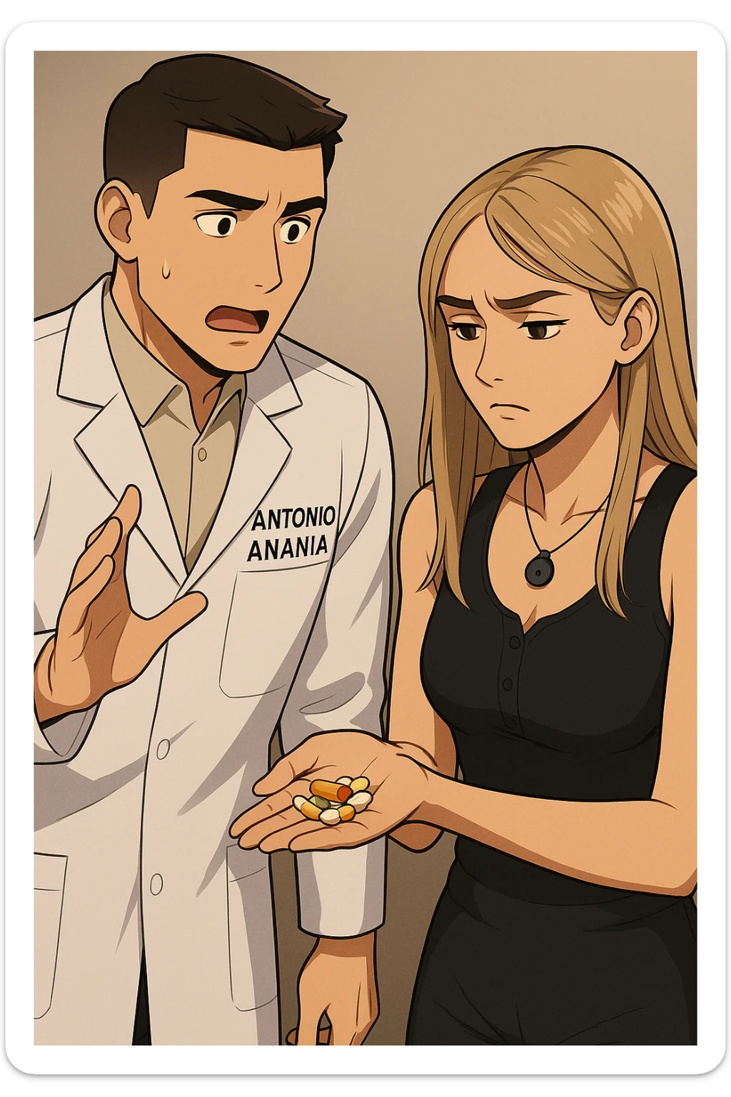 fai un webtoon/manga a colori con questo kinesiologo in camice bianco (fagli la scritta "ANTONIO ANANIA" SUL CAMICE) CHE PARLA CON QUESTA RAGAZZA. LA RAGAZZA HA UN PUGNO DI INTEGRATORI IN MANO (TANTE PILLOLE DIVERSE) E LE GUARDA DUBBIOSA. IL KINESIOLOGO CON IL CAMICE BIANCO LE DOMANDA UNA COSA SCIOCCATO. NON FARE I FUMETTI, FAI SOLO LORO COME SE DIALOGASSERO sticker