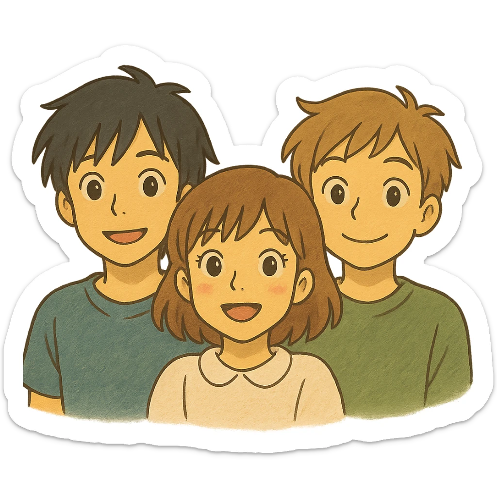 Anime-style emoji blending Hiro, Miamur, and Kanata Asai in a Ghibli-inspired art style sticker