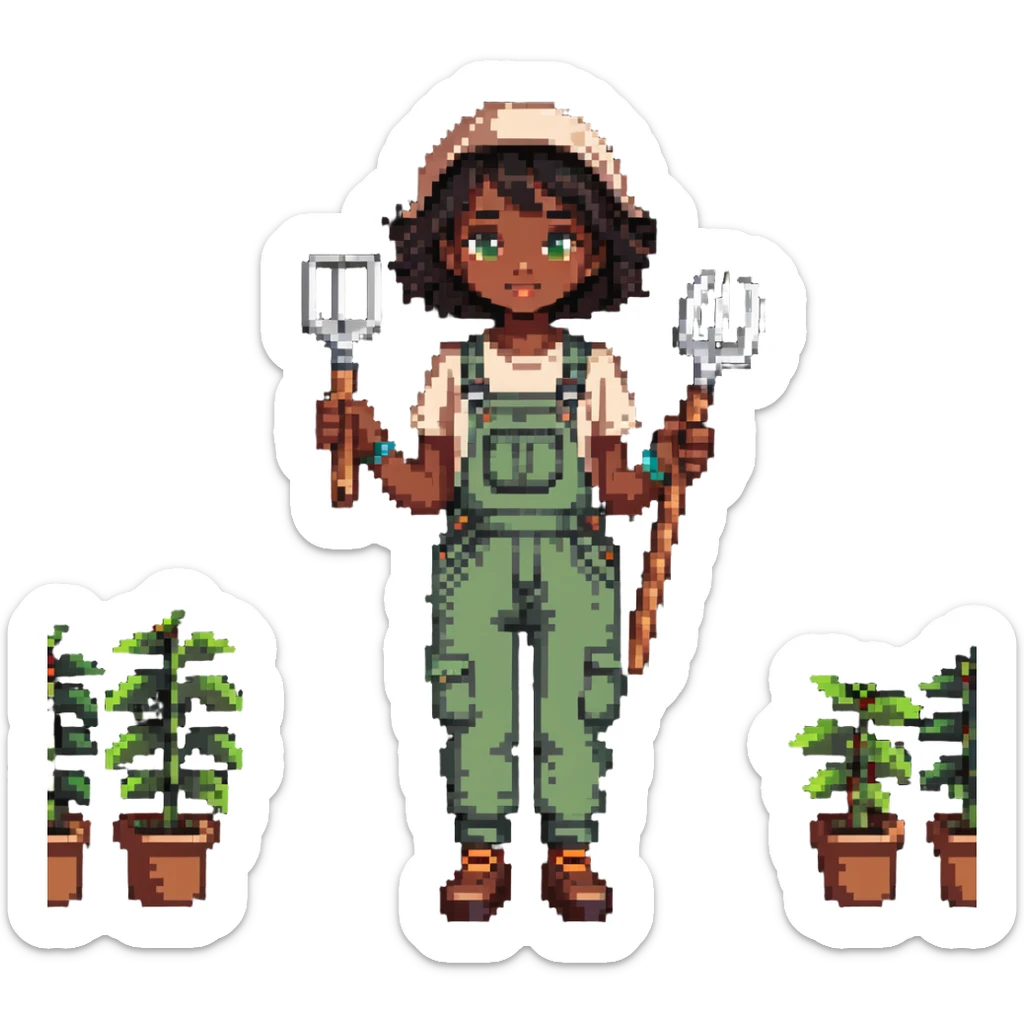 Beautiful brown skin girl with dark short hair wear garden overalls holding garden tools sticker