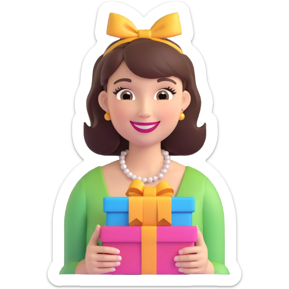 3D emoji of a smiling, feminine face with big eyelashes, no body, colorful and friendly, romantic style, with feminine accessories, motif: gift, transparent background sticker