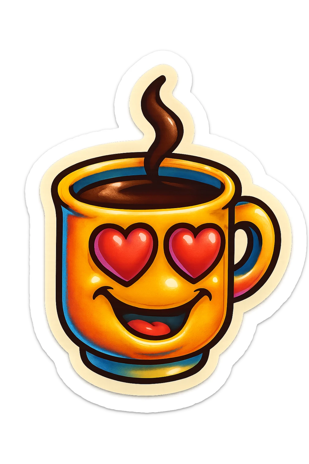 coffee cup creature, big heart eyes, dopey smile sticker
