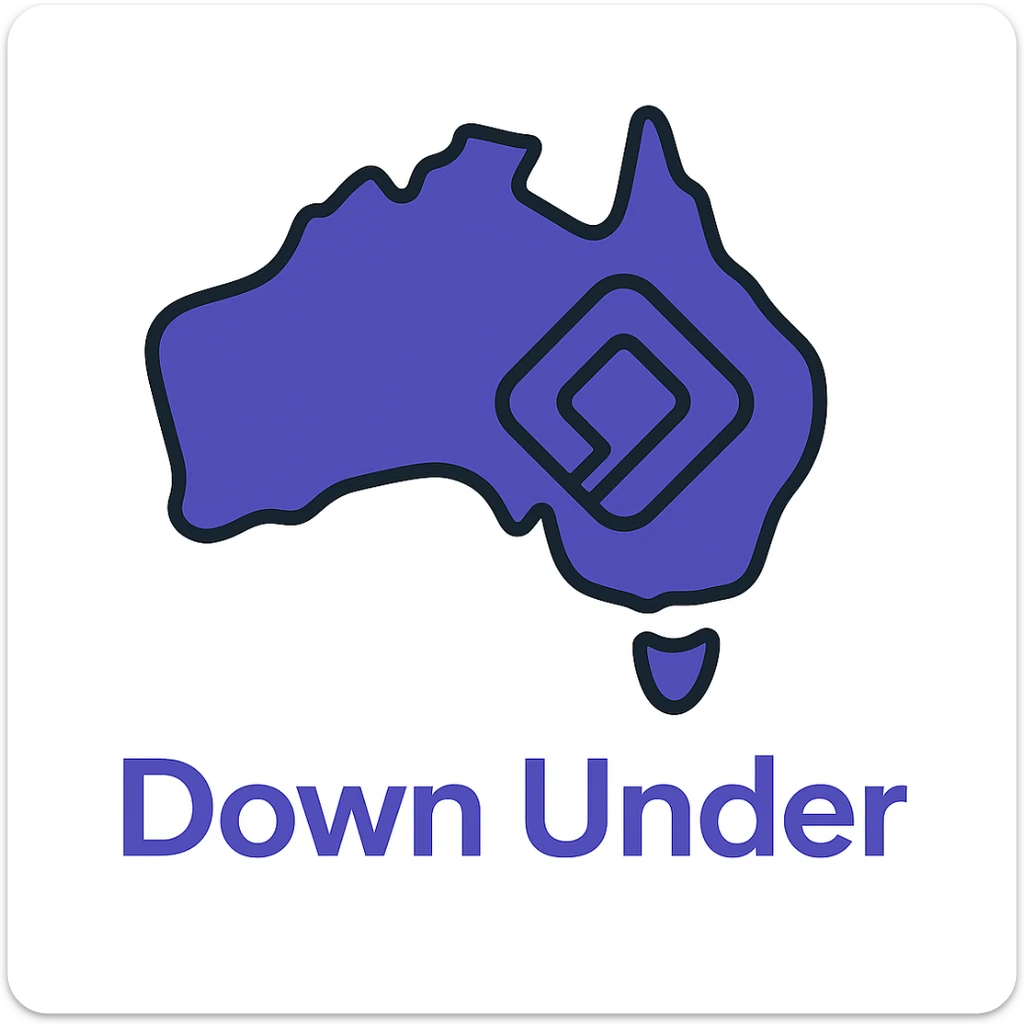 Add the wording 'Down Under' in a clean, modern font below the map of Australia with the official Microsoft Power Pages icon overlay. Use #403DAD as the main color, no digital web overlay sticker