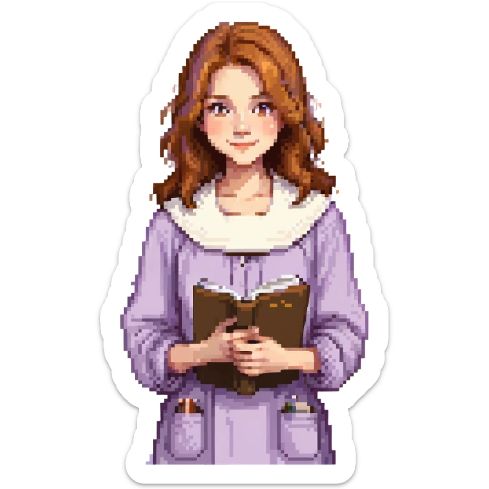 Calm female artist, Caucasian features, shoulder-length auburn hair, soft brown eyes, gentle smile, wearing a violet smock over a light beige top, holding a sketchbook close to chest, waist-up, front-facing sticker