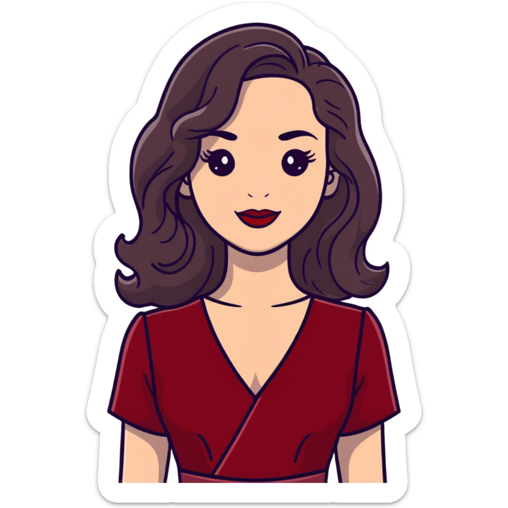 Elegant high-profile woman with glowing fair skin, long dark straight hair with soft waves, large dark eyes with dramatic makeup, defined eyebrows, full red lipstick, wearing wine red velvet dress with V-neckline, glamorous confident smile sticker