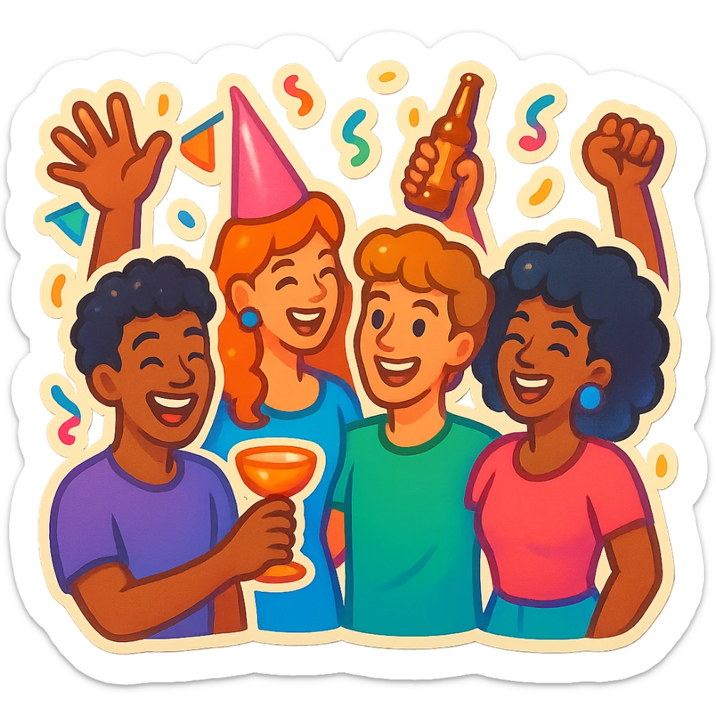 A group of friends at a party in retro stickers style, with a festive atmosphere and bright colors sticker
