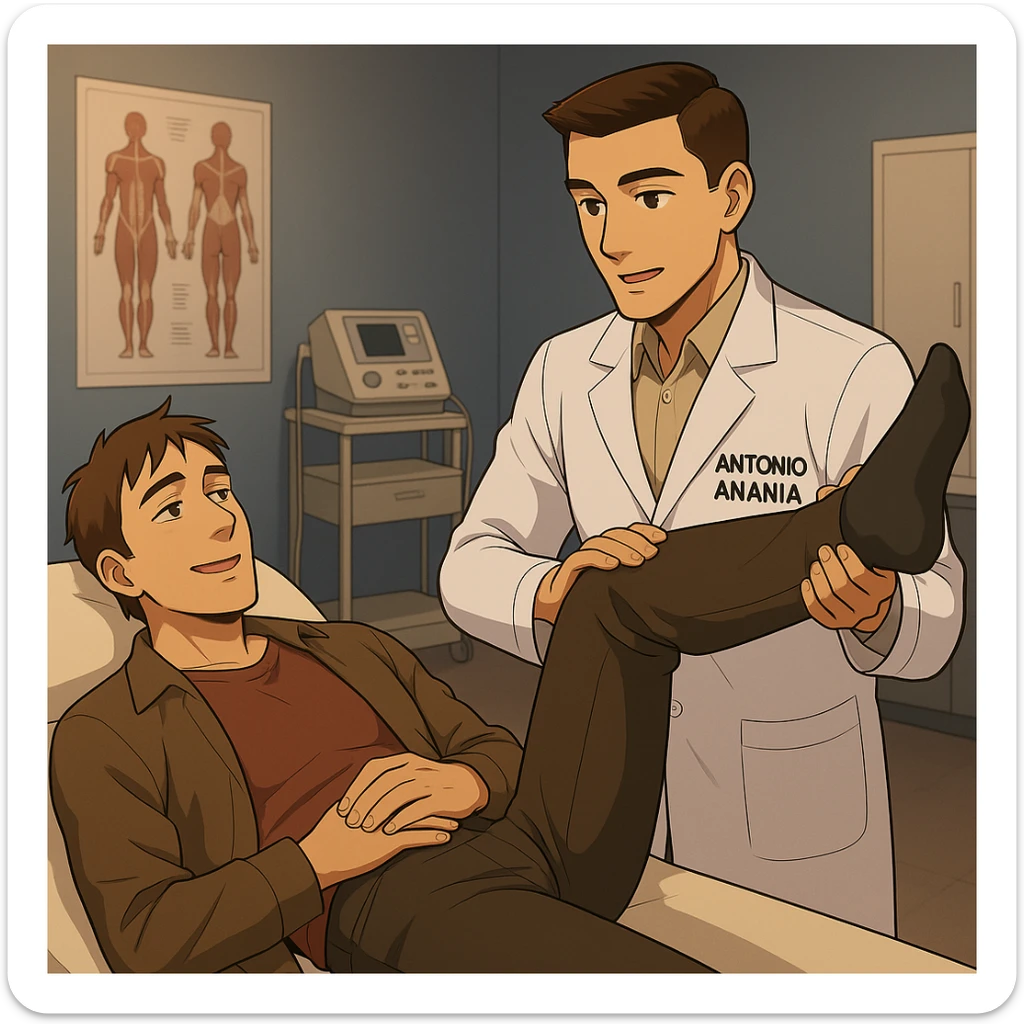 fai un webtoon manga a colori con questo stile, in cui un uomo è steso sul lettino medico e il kinesiologo con il camice bianco (fagli anche la scritta "ANTONIO ANANIA" SUL CAMICE, gli solleva una gamba per fargli il test neuromuscolare, IL KINESIOLOGO SPIEGA ALL'UOMO UNA cosa mentre gli alza la gamba. non fare i fumetti però, fai solo in modo che sembri stiano parlando sticker