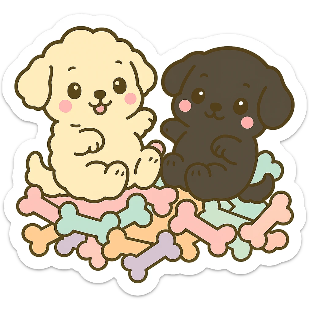 Change the small dog to a true black color, keeping the kawaii chibi style and transparent background. Leave the large dog and the pile of colorful bones unchanged. sticker