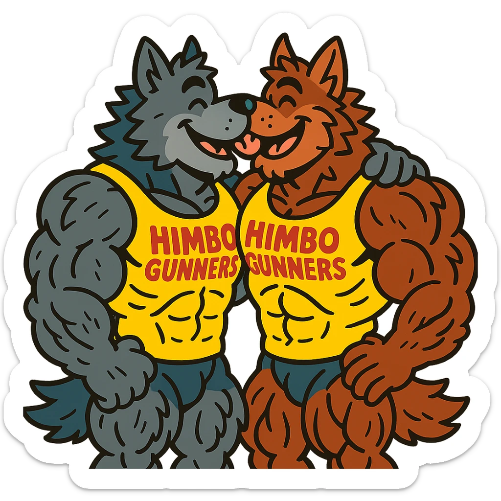 two hyper-muscular wolf furry characters in 'Himbo gunners' t-shirts, kissing, big smiles, playful and affectionate, oversized and detailed muscles, intricate fur, ultra high quality sticker