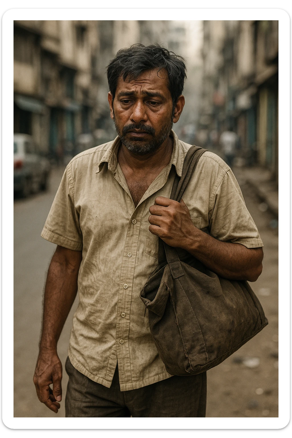 realistic style portrait of a poor Indian father wearing simple clothes, carrying a worn bag, walking to work with a tired expression, urban background sticker