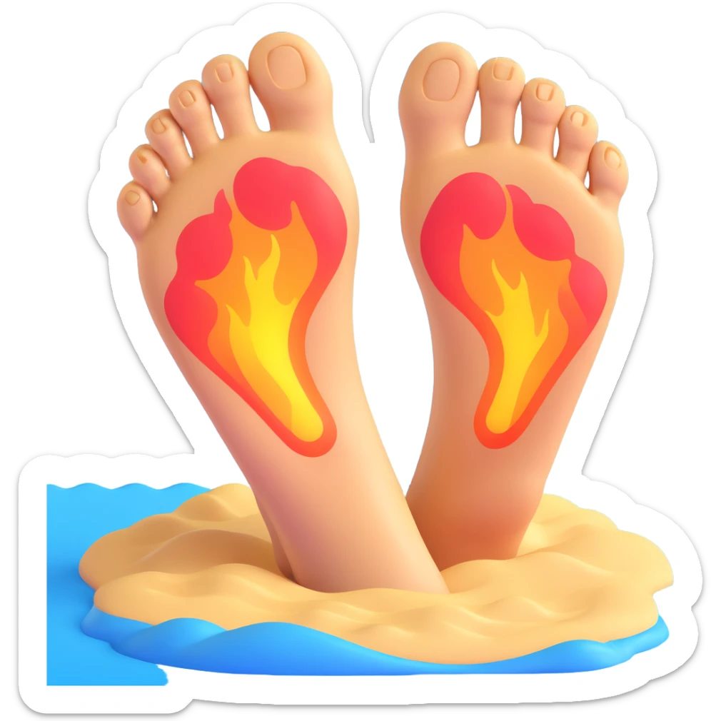 foot stepping on scorching hot beach sand with heat waves rising, showing pain without blood sticker