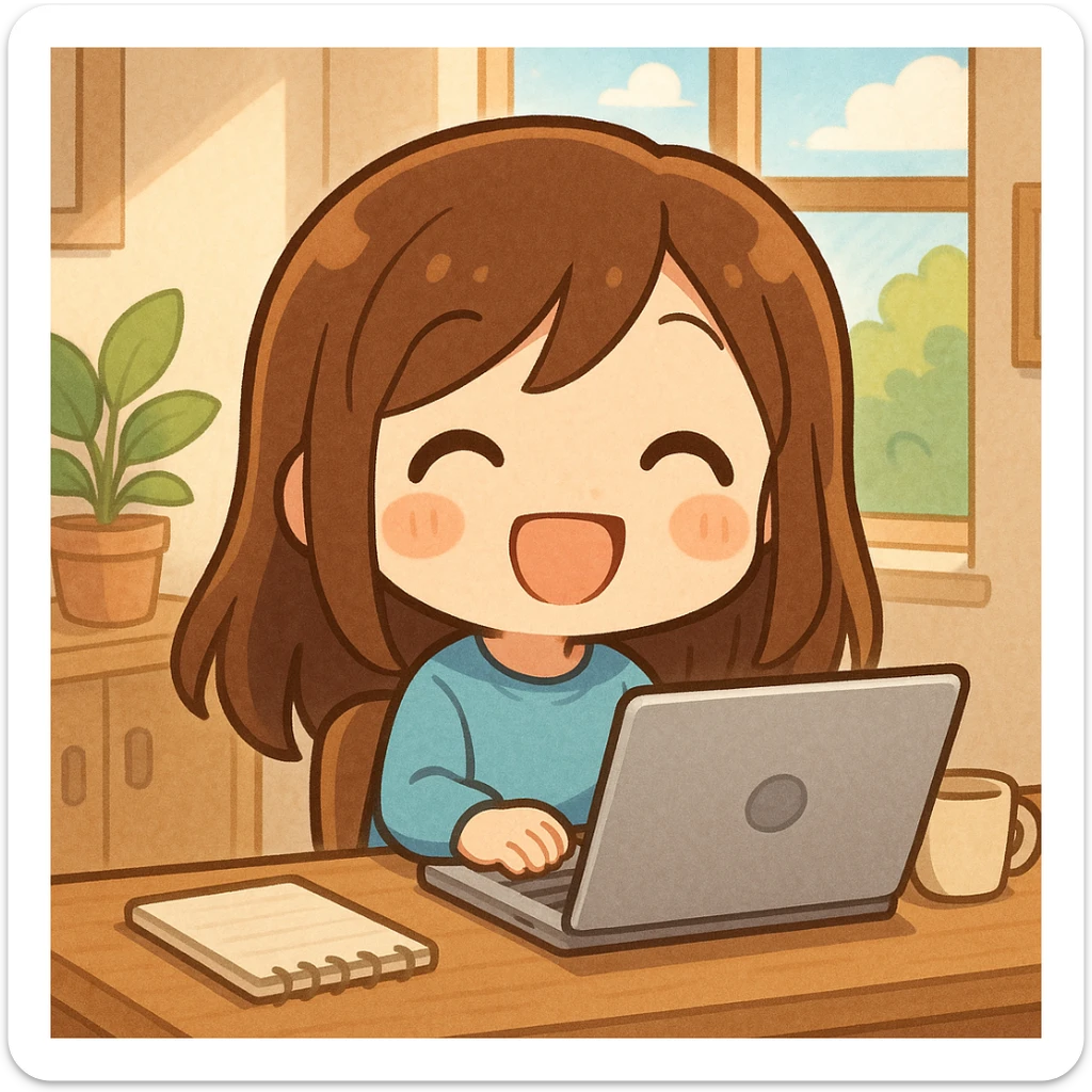 Add a laptop on the desk in front of the chibi character, maintaining the cheerful scene. sticker