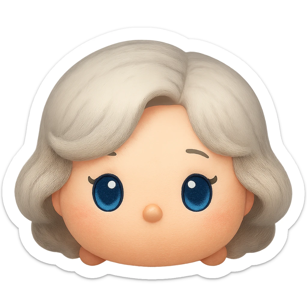 Change hair to pure silver grey with no blue or yellow cast, plush tsum tsum style, blue eyes, 1940s bob haircut, no body, no mouth, no white border, transparent background. sticker