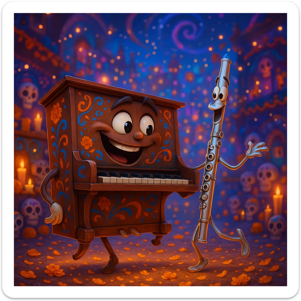 (Style film coco de pixar ) un piano au royaume des mort danse avec une flûte  sticker