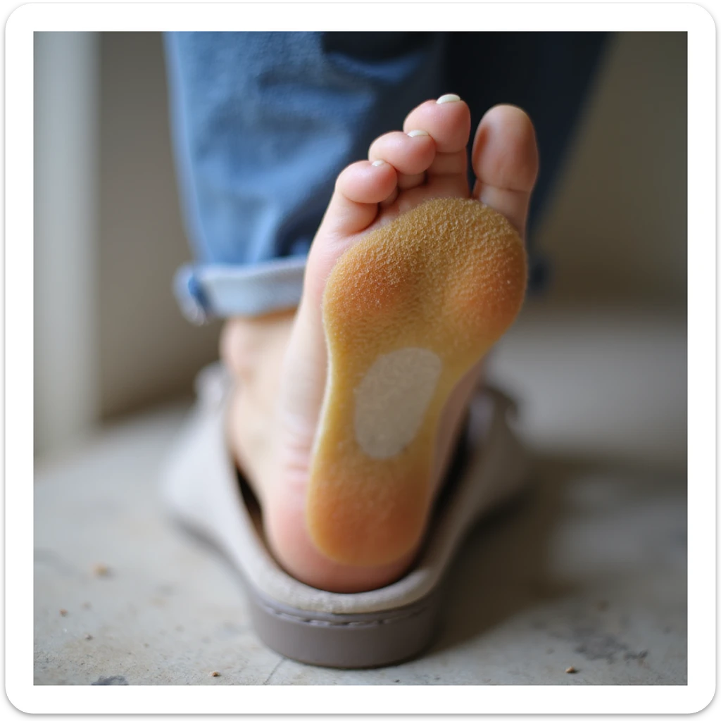 close-up of woman's foot with orthopedic insole inserted in shoe, signs of redness or pressure, realistic style, white background sticker