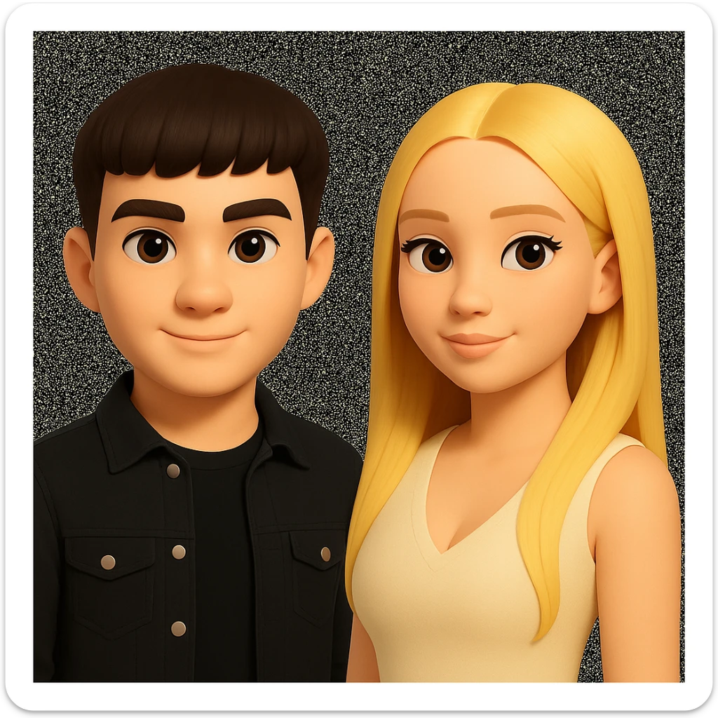 Slightly increase the volume of the upper body of the girl, separate the girl and the boy from each other, and make the skin color the same for both characters. Maintain the cartoonish 3D style as in the reference image. sticker