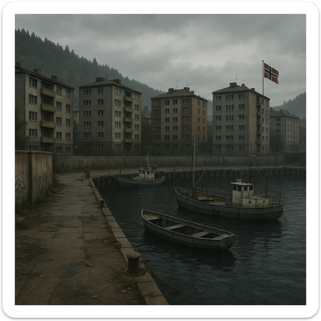 a screenshot of the game DayZ videogame, the harbor in a Norwegian port town, apartment blocks sticker