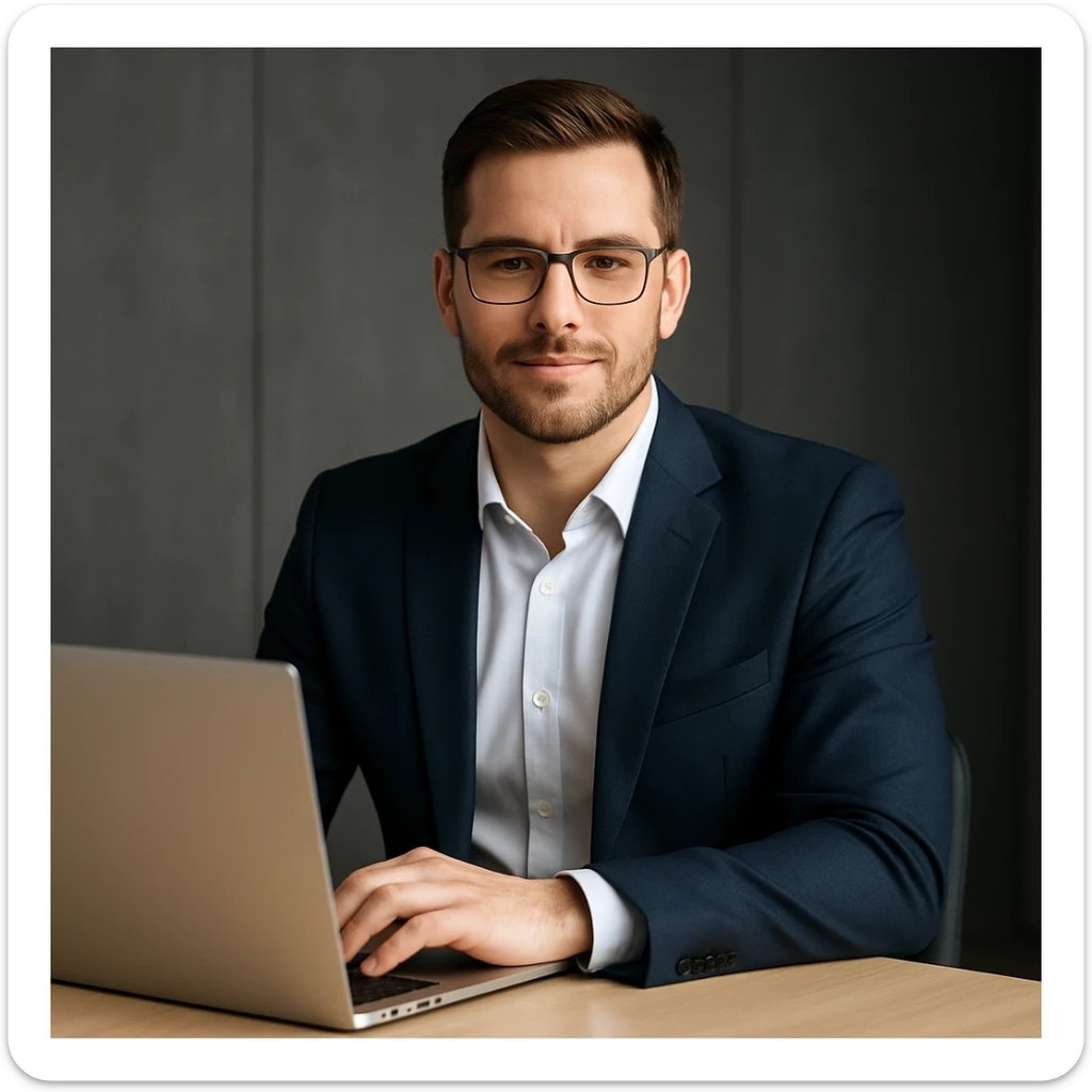 A 35-year-old male business coach sitting at a table with a laptop, professional and confident sticker