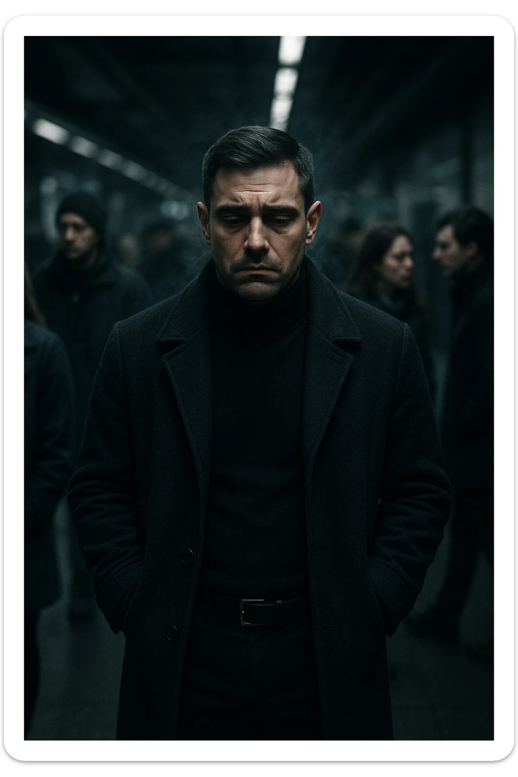 A cinematic shot of a man in his early 30s standing still in the middle of a crowded urban environment — perhaps a subway platform or office hallway — surrounded by blurred, cold-looking people facing away from him or speaking among themselves, ignoring him completely. The man has a heavy, emotionally drained expression, shoulders slightly slouched, hands in his coat pockets. He stands out in sharp focus while the others are dimly lit, grey-toned, and in motion blur. The lighting is harsh and cool, with strong shadows and low saturation to emphasize emotional isolation. A subtle dark aura or mist lingers around the man’s body, visually conveying the weight of negativity and emotional pressure. Shot in 35mm cinematic style, high realism, with a desaturated color palette and shallow depth of field sticker